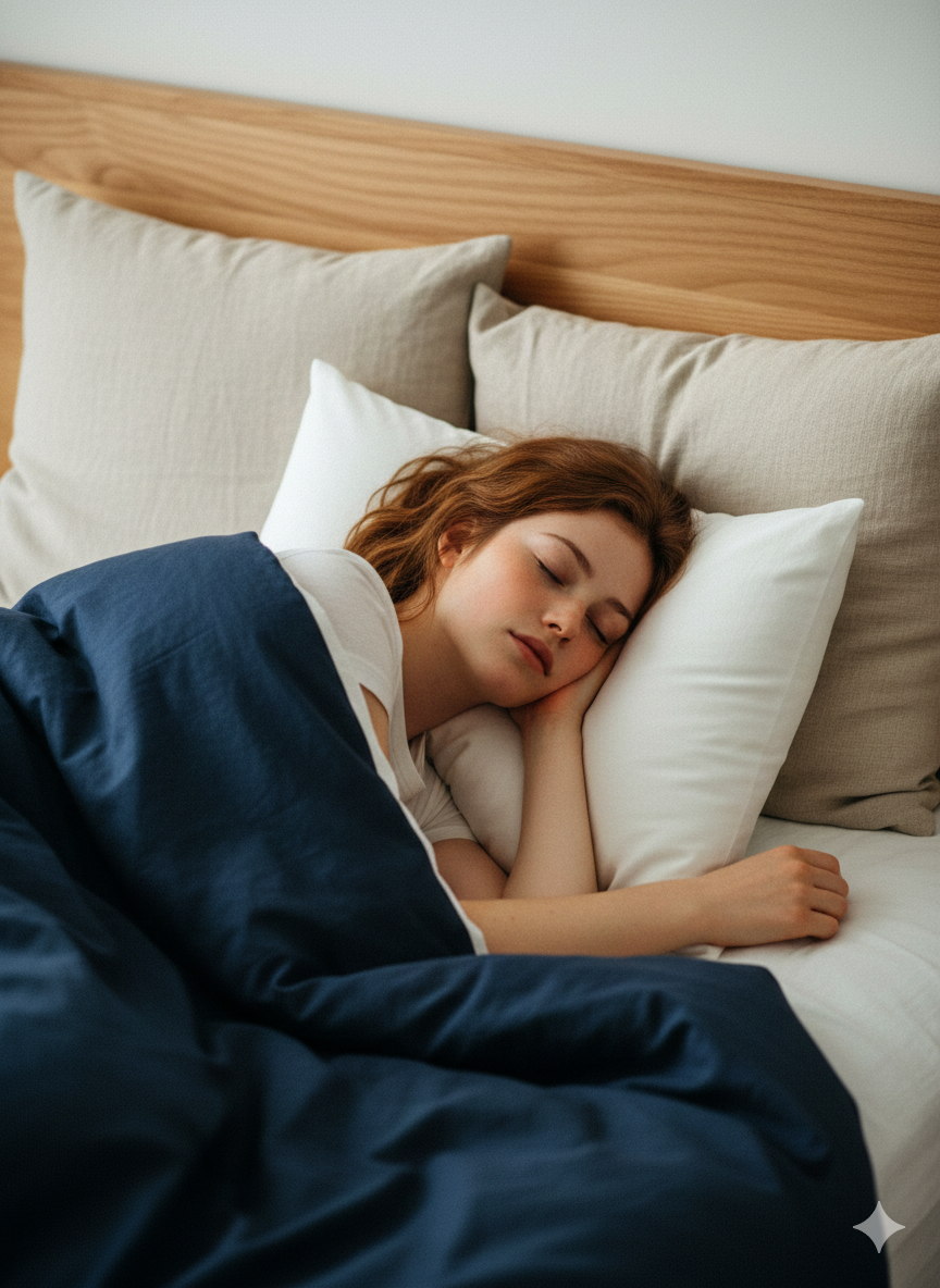 Person resting in bed under blankets.