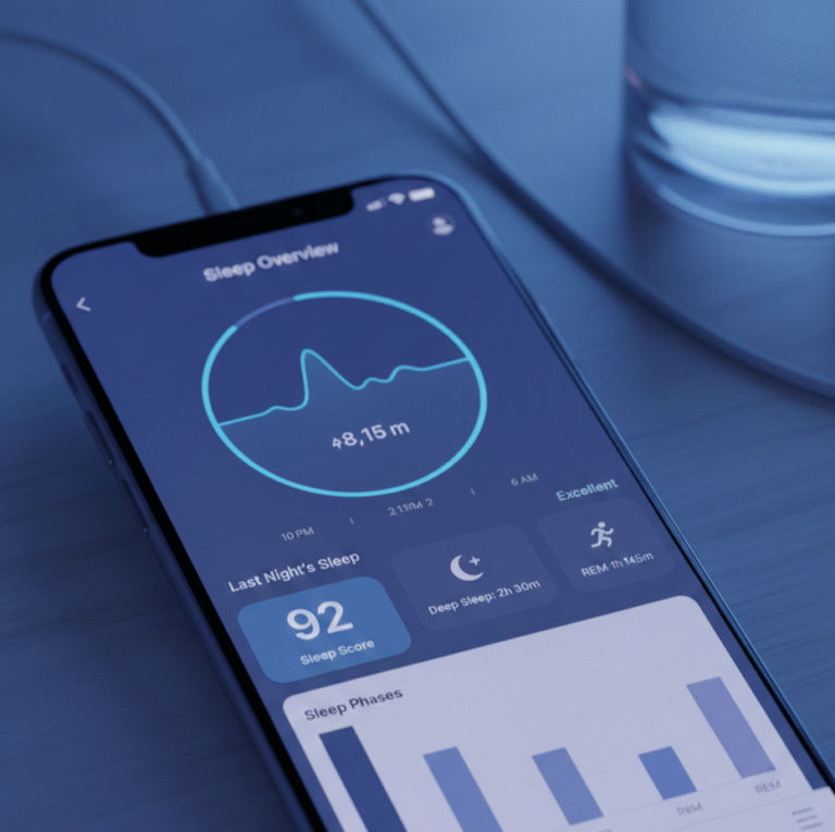Alt Text: Sleep tracking app on smartphone showing sleep score and sleep phases chart