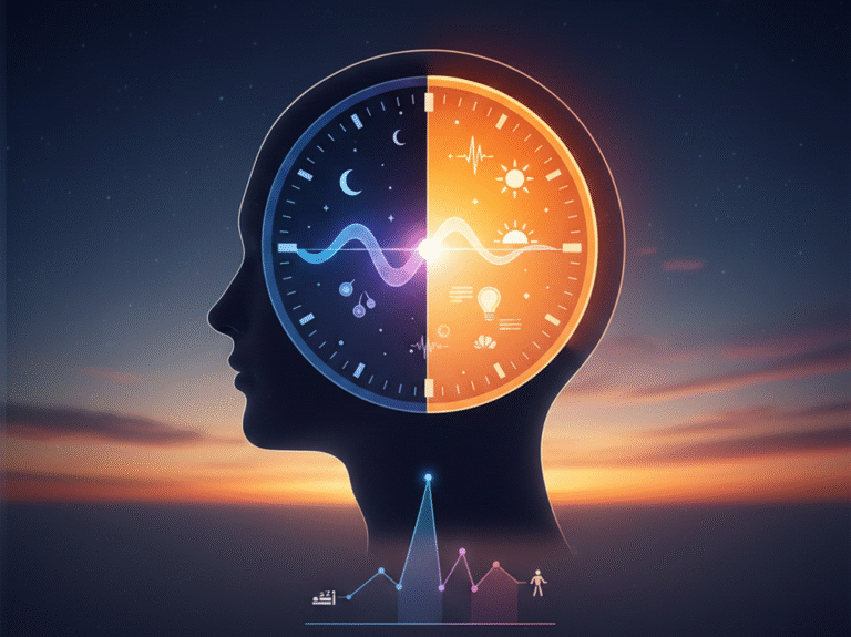 Illustration of circadian rhythm showing day and night cycle inside human head silhouette