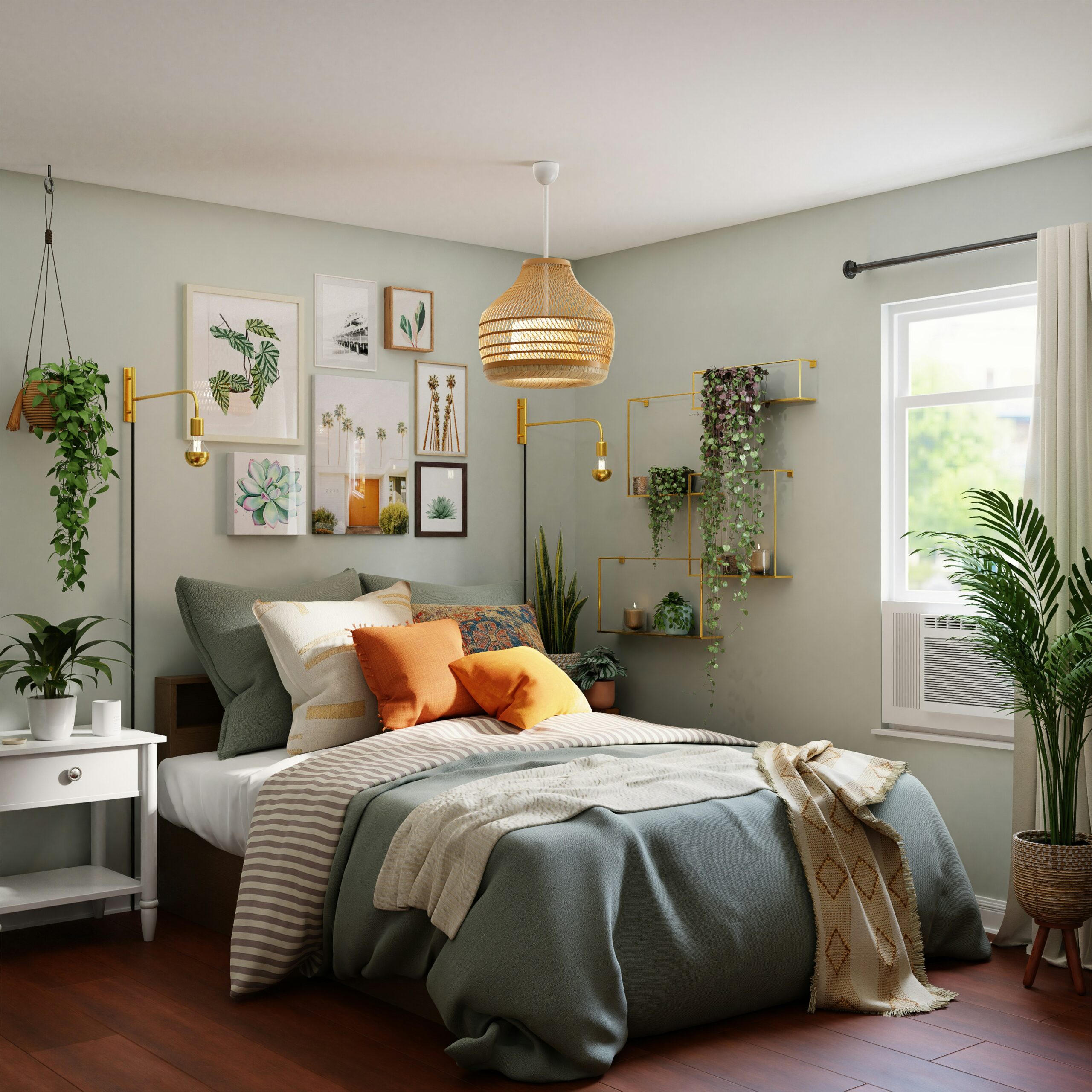 Bright cosy bedroom with sage green walls, gallery wall artwork, indoor plants, and layered bedding in green and orange tones