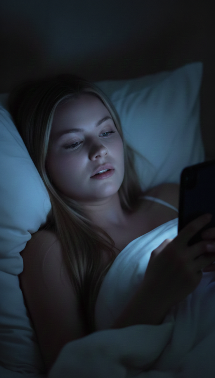Woman lying in bed at night scrolling on smartphone with blue screen light illuminating her face in dark bedroom