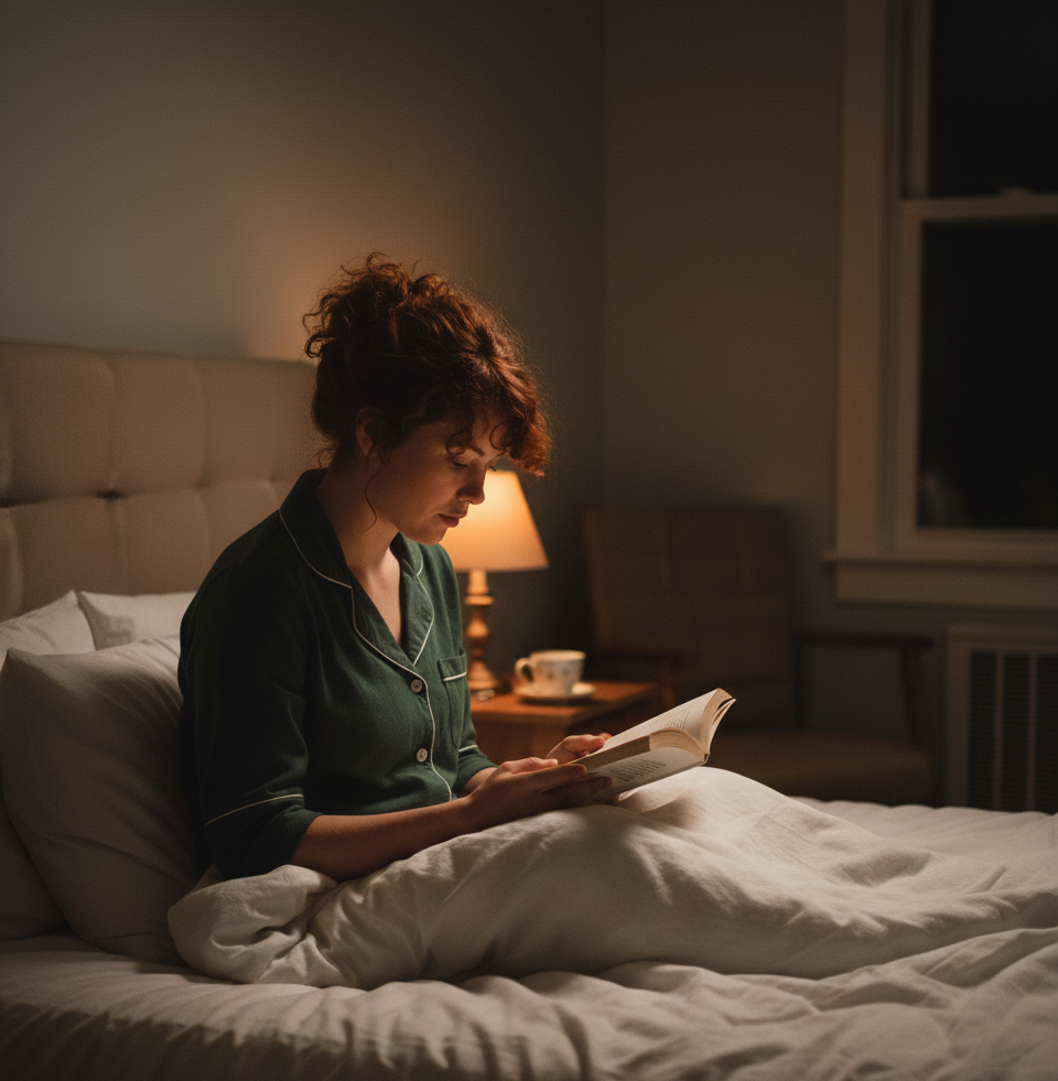 Woman in green pyjamas reading a book in bed by warm lamplight as part of evening wind-down routine