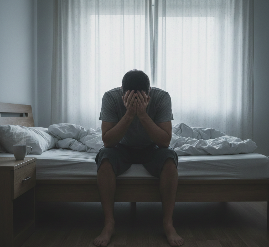 Exhausted man sitting on edge of bed with head in hands after poor night's sleep, grey morning light through curtains