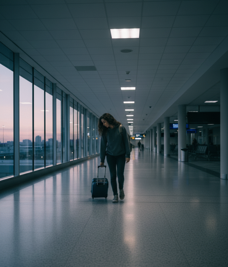 Tired woman walking through empty airport terminal at dawn with carry-on suitcase, pink sunrise visible through windows